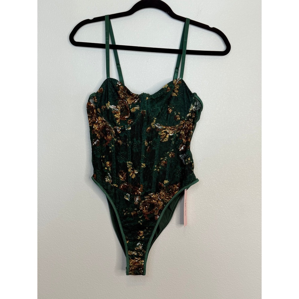 Micas Dark Green Floral Lace Corset Bodice Bodysuit Large NWT